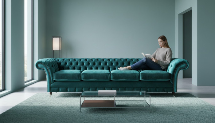 Elegant Chesterfield Gréng Polstersofa Modern Véier-Sëtzer Textilsofa