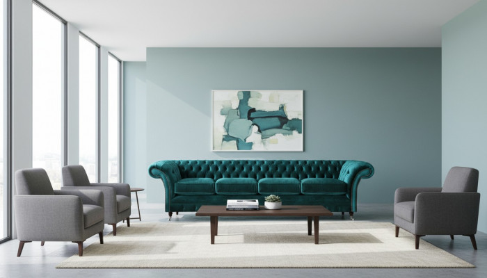 Elegant Chesterfield Gréng Polstersofa Modern Véier-Sëtzer Textilsofa