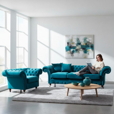 Hellblo Chesterfield Polstersëtzer Designer 3-Sëtz Sofa Sessel