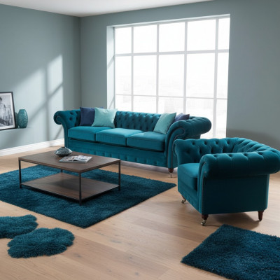 Hellblo Chesterfield Polstersëtzer Designer 3-Sëtz Sofa Sessel