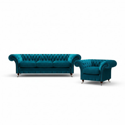 Hellblo Chesterfield Polstersëtzer Designer 3-Sëtz Sofa Sessel
