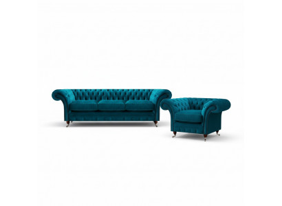 Hellblo Chesterfield Polstersëtzer Designer 3-Sëtz Sofa Sessel