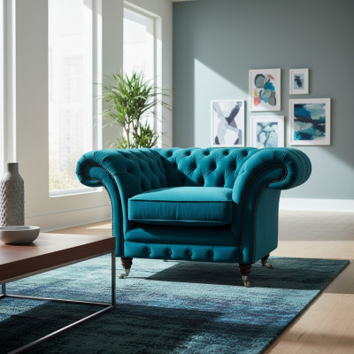 Fautuell Blo Luxus Stil Chesterfield Wunnzëmmer Polster Stoff Modern Textil