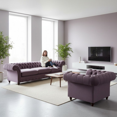 Lila Chesterfield Polstergarnitur Stilvollen Dräisëtzer Textil Fotel.