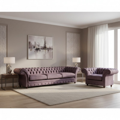 Lila Chesterfield Polstergarnitur Stilvollen Dräisëtzer Textil Fotel.