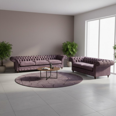 Modern Chesterfield Polsterset Edler Drësëtzer Textil 2-Sëtzer 2tlg