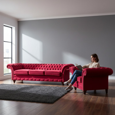 Chesterfield Rout Couch Garnitur Edel Textilfauteuil Polstersofa Dräisëtzer