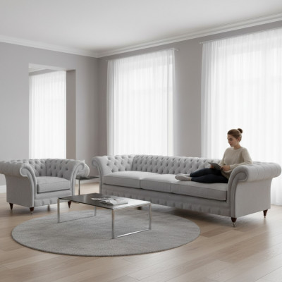 Wäissen Chesterfield Dräisëtzer Luxuriéise Wunnzëmmer Polstersëtz 2 Deeler