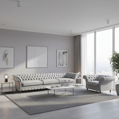 Wäissen Chesterfield Dräisëtzer Luxuriéise Wunnzëmmer Polstersëtz 2 Deeler