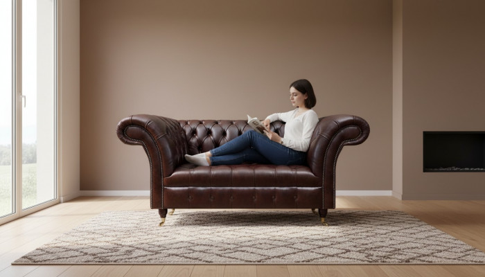 Braune Chesterfield Liederdivan Designer Konschtliedercouch Zweisëtzer
