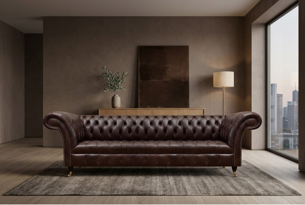 Braune Chesterfield Kënschtleder Couch Modern Sofa Véiersëtzer Sëtzmiwwel