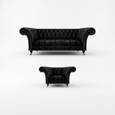 Chesterfield schwaarz Polstermöbel Designer Wunnzëmmer Couch Still 2 Deeler.