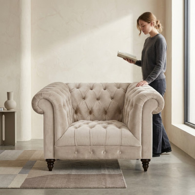 Wäissen Chesterfield Polstersëtz Designer Stoffaarmsëtz Textil Sëtzmiwwel