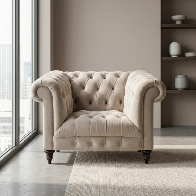 Wäissen Chesterfield Polstersëtz Designer Stoffaarmsëtz Textil Sëtzmiwwel