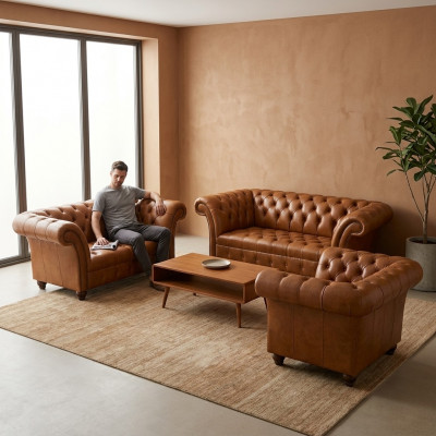 Modern Chesterfield Ledersofaen Designer Lehnstillen Zweisëtzer 3tlg Set