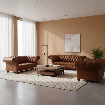 Modern Chesterfield Ledersofaen Designer Lehnstillen Zweisëtzer 3tlg Set