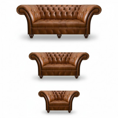 Modern Chesterfield Ledersofaen Designer Lehnstillen Zweisëtzer 3tlg Set
