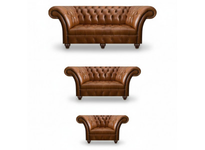 Modern Chesterfield Ledersofaen Designer Lehnstillen Zweisëtzer 3tlg Set