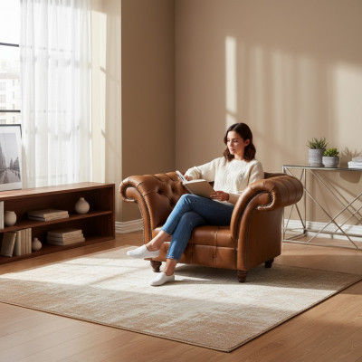 Braune Chesterfield Einsëtzeger Sessellederfotel fir d'Stuff Polster 1-Sëtzer