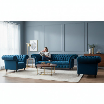 Chesterfield Blo Sëtzgrupp Modern Komplett Won zuimerschlofset