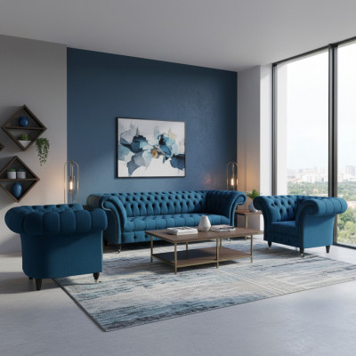 Chesterfield Blo Sëtzgrupp Modern Komplett Won zuimerschlofset