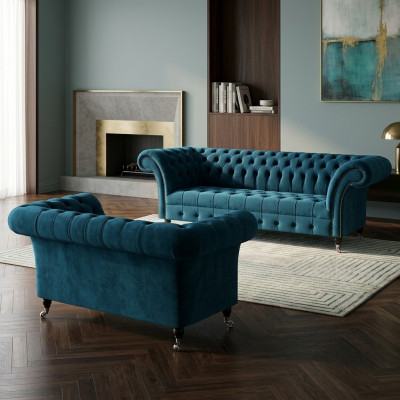 Luxuriéis Blo Chesterfield Textilgarnitur dräi-Sëtzer Sofa Zweesëtzer