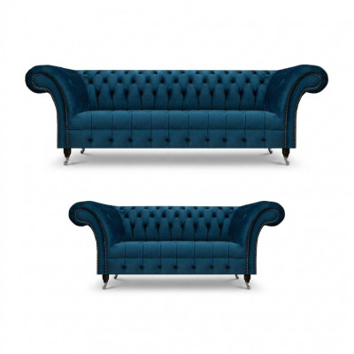Luxuriéis Blo Chesterfield Textilgarnitur dräi-Sëtzer Sofa Zweesëtzer