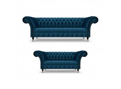 Luxuriéis Blo Chesterfield Textilgarnitur dräi-Sëtzer Sofa Zweesëtzer