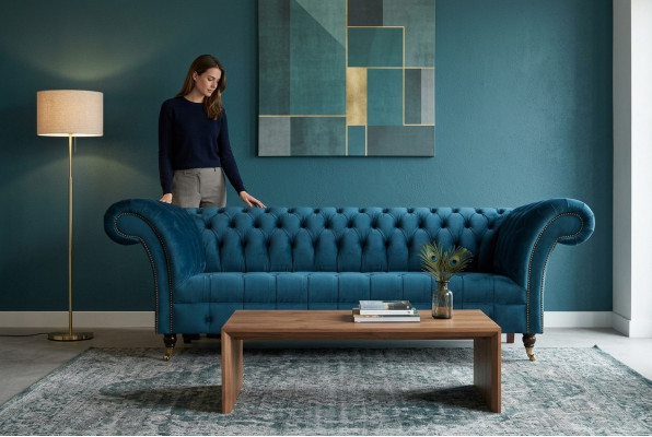 Luxus Blo Chesterfield Textilcouch Wunnzëmmer Polsterméibel 3-Sëtzer