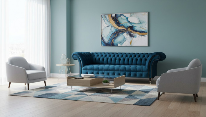 Luxus Blo Chesterfield Textilcouch Wunnzëmmer Polsterméibel 3-Sëtzer