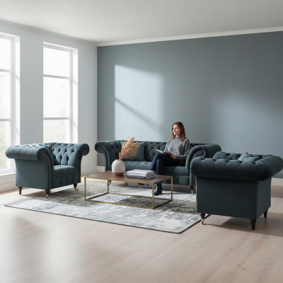 Elegant Chesterfield Couchgarnitur Designer Polstersofas 2x Fauteuilen