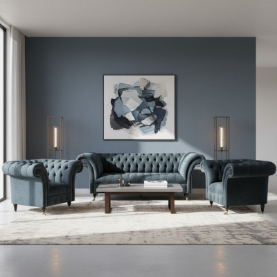 Elegant Chesterfield Couchgarnitur Designer Polstersofas 2x Fauteuilen