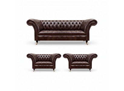 Luxus brong Chesterfield Liederemöbel Designer Dräisëtzer 2x Still 3 Stéck.