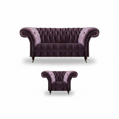 Lila Chesterfield Polstermöbel Designer Stuffzëmmer Sofagarnitur 2-deeleg.