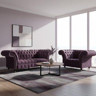 Komplett lila Chesterfield Sëtzgrupp Textil Dräisëtzer 2-Sëtzer 2tlg