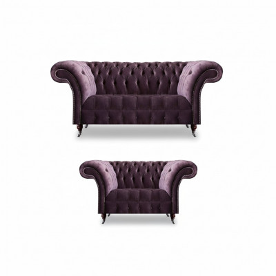 Komplett lila Chesterfield Sëtzgrupp Textil Dräisëtzer 2-Sëtzer 2tlg