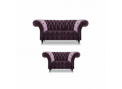 Komplett lila Chesterfield Sëtzgrupp Textil Dräisëtzer 2-Sëtzer 2tlg