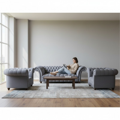 Chesterfield Hellgrou Sofagarnitur Edler Polstersofa Dräisëtzer 2x Still