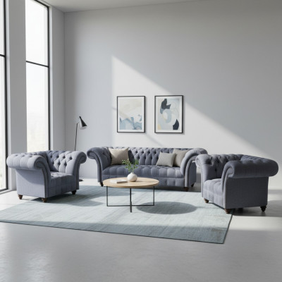 Chesterfield Hellgrou Sofagarnitur Edler Polstersofa Dräisëtzer 2x Still