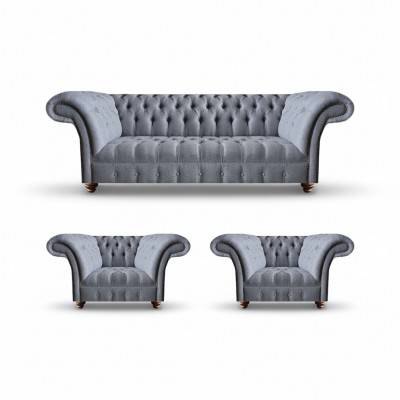 Chesterfield Hellgrou Sofagarnitur Edler Polstersofa Dräisëtzer 2x Still