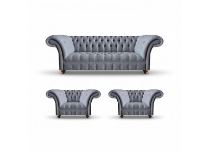 Chesterfield Hellgrou Sofagarnitur Edler Polstersofa Dräisëtzer 2x Still