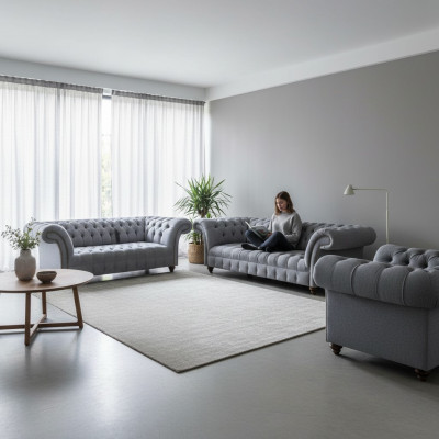 Chesterfield Edel Stoffgarnitur Designer 3-Sëtzer Zweisëtzer Fauteuil