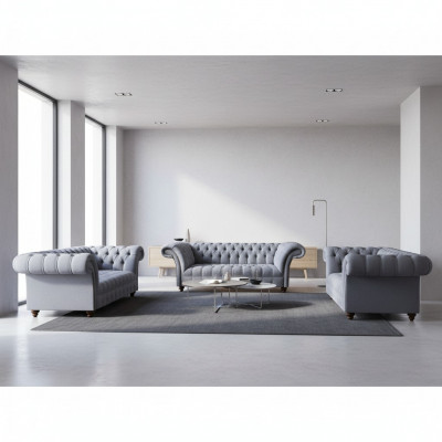Chesterfield Edel Stoffgarnitur Designer 3-Sëtzer Zweisëtzer Fauteuil
