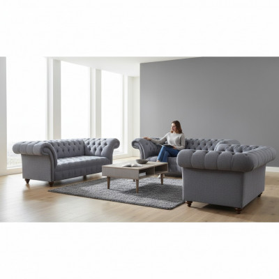 Hellgréng Chesterfield Polstersofaen Designer 3-Sëtzer Zweisëtzer 2tlg