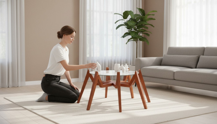 Couchtisch am modernen Stil nei héichwäerteg Wunnenzëmmereinmiwwel aus Glas a Holz