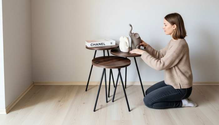 Ronne 3x Couchtische Set brong Holz Metallbeeën Klengen Dësch