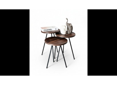 Ronne 3x Couchtische Set brong Holz Metallbeeën Klengen Dësch