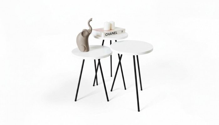 Wohnzëmmer Couchtisch Säitentisch Set 3x Modern Wäiss MDF Metallbeem