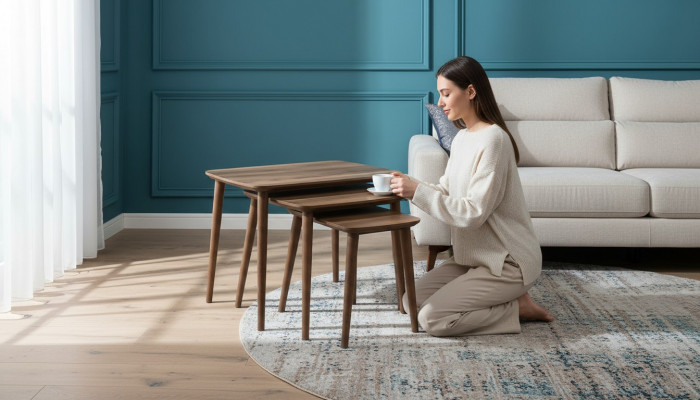 Rechteckegt Dëschset mat 3x Dëscher Wunnzëmmer Iesszëmmer Braun Holz