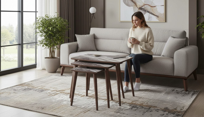 Modern Wunnzëmmer 3x Kaffisdësch-Set rechteckeg beige Beikommend Dësch